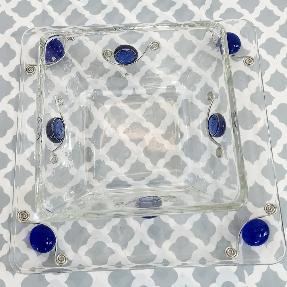 Elegant Glass Bowl and Plate Set with Blue Accents